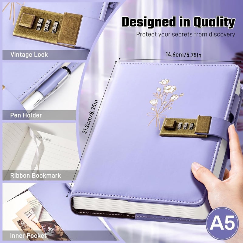 Ovesmusl Diary with Lock for Girls A5 Leather Diary for Women 260 Pages 100 GSM Refillable Journal with Lock for Teens Secrets Flower Journals with Combination Passwords, 5.7"x8.3", Purple - Image 3